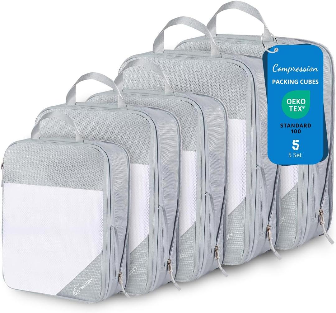 Compression Packing Cubes, 5 Set Packing Cubes for Travel Compression, Lightweight Compressible Package Organizer for Carry On and Suitcases, Light Grey Compression Packing Cubes, 5 Set Packing Cubes for Travel Compression, Lightweight Compressible Package Organizer for Carry On and Suitcases, Light Grey