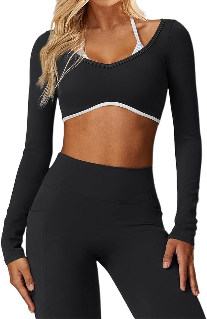 Women's Workout Crop Tops Halter Long Sleeve Backless Padded Sports Bra Gym Yoga Top T Shirts (Medium, Black)
