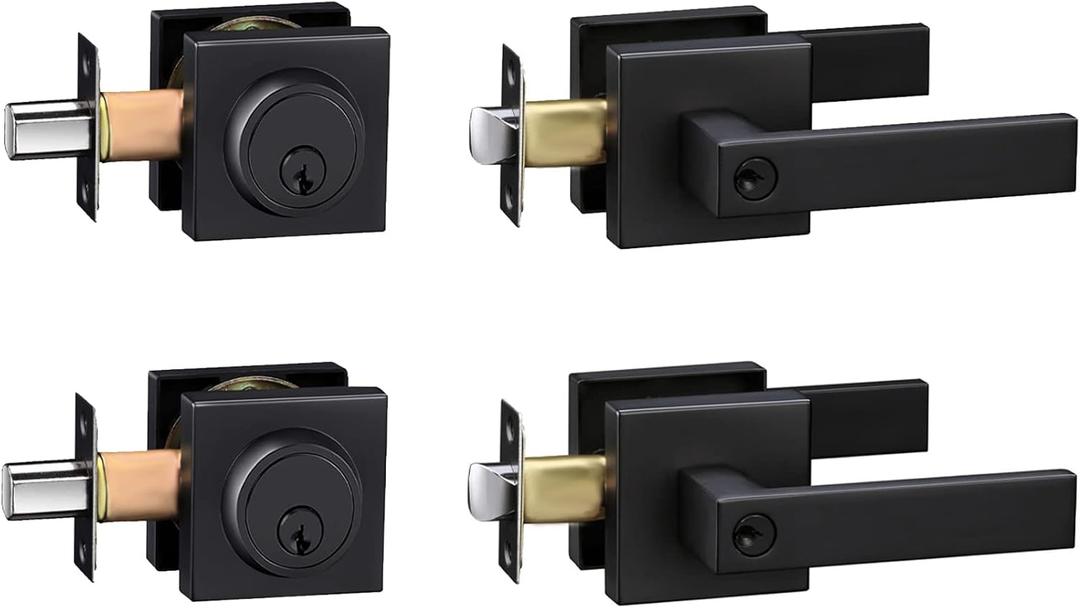 Exterior Door Lock Set, Combo Lock-Heavy Duty Black Door Handle and Single Cylinder Deadbolt Lock, Keyed Alike Door Locks for Front Door(Matte Black, 2Pack Set)