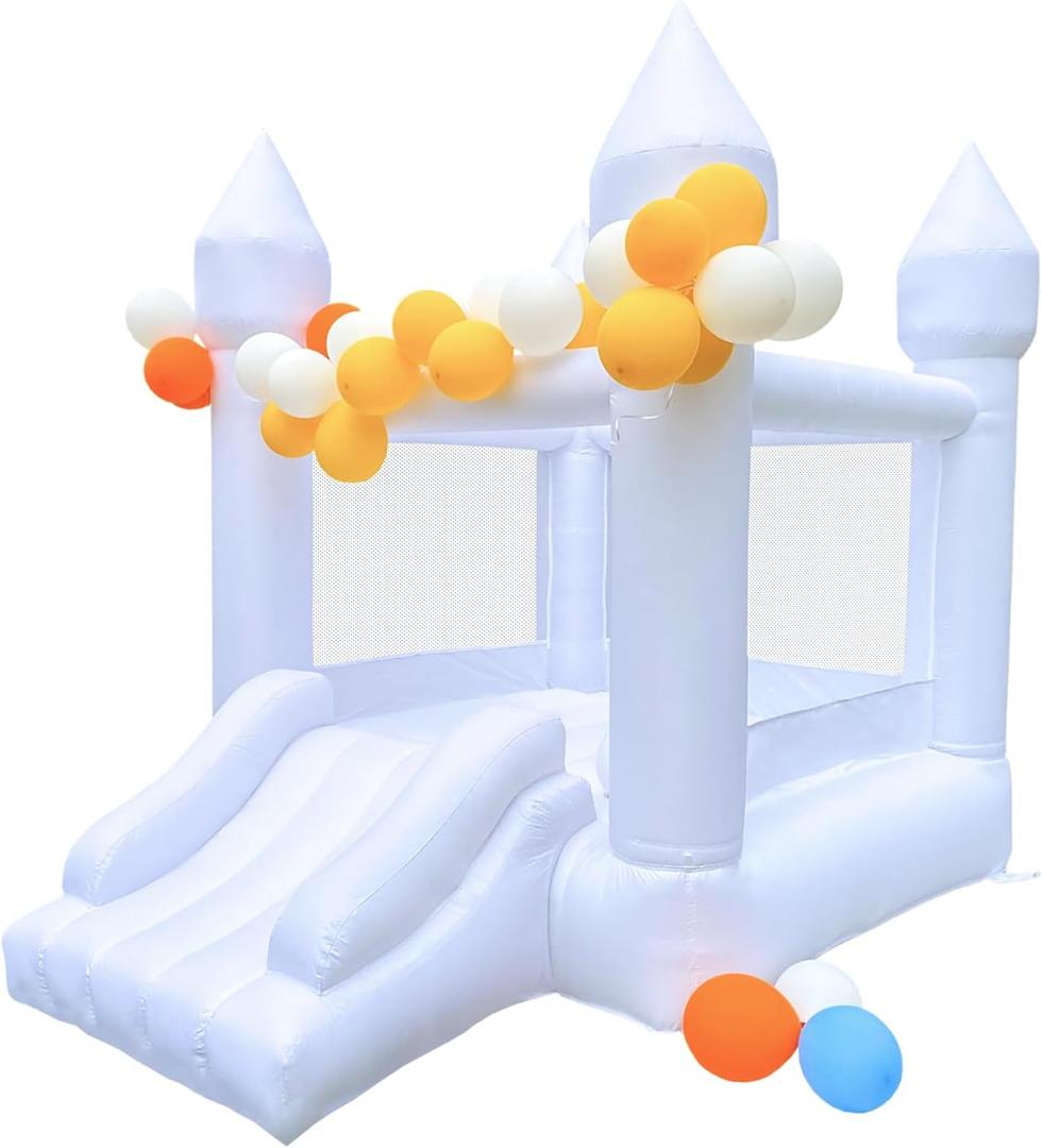 White Bounce House, Bounce House for Kids 3-6 Blower Included, Bouncy Castle with Slide Indoor Outdoor,8.9ft L x 6ft W x 7.1ft H, Toddlers Bouncy House with 100 Pastel Balloons