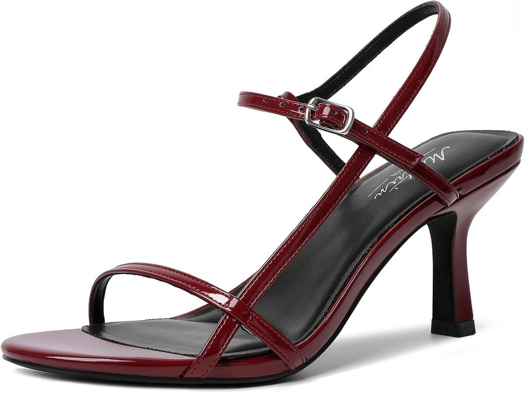 Mostrin Heels for Women Strappy Sandals Square Open Toe High Heel Sandals Ankle Strap Stiletto Heels for Party Wedding (8, Burgundy 05)