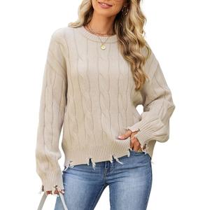 Women's Distressed Cable Knit Sweaters 2025 Oversized Casual Pullover Tops (Beige, M)