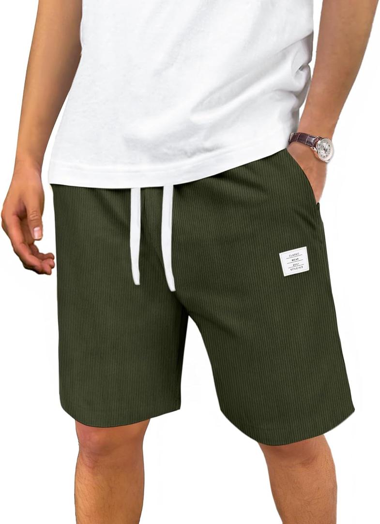 Men's Corduroy Shorts Casual Elastic Drawstring Lightweight Summer Beach Shorts with Pockets (S)