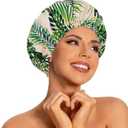 Pack Of 2 Reusable Shower Caps for Women Waterproof, Large Luxury Washable Elastic Band Bath Hair Bonnet, Double Layer Stylish Shower Hat for Long Hair, Braids, Curly(Plantain Leaf)