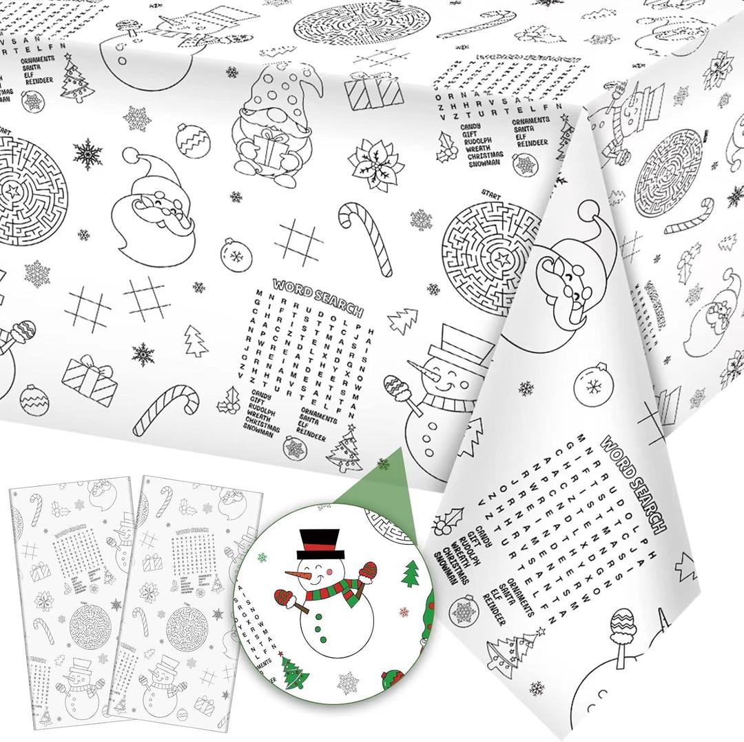 2 Pack Christmas Activity Paper Tablecloth - Santa Claus Snowman Gnome Color-in Disposable Tablecover for Kids Winter Holiday Birthday Party Decoration 54X108 Inch