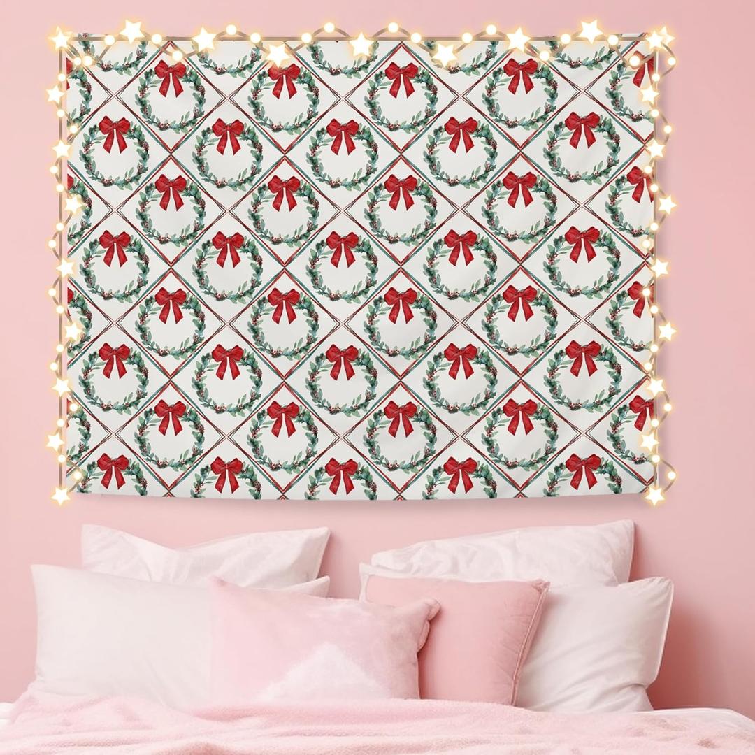 NATSUNO Red and Green Christmas Tapestry, Coquette Red Bow Christmas Wreath Wall Tapestry for Bedroom, Preppy Xmas Holiday Tapestries Wall Hanging for Home Bedroom Living Room Decor, 50x60 Inches