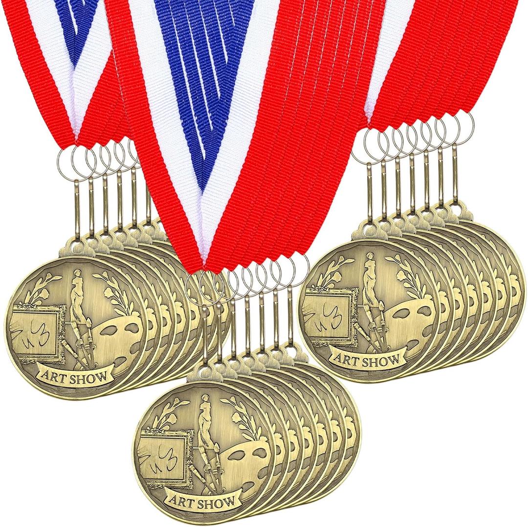 Landical 30 Pcs Art Show Medals Bulk 2'' Gold Medals with Neck Ribbons Participant Award Ribbons for Art Show Project Competition Prizes Tournament Trophies Drawing Contest Gifts