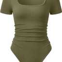 OQQ Women Bodysuits Ruched Short Sleeve Square Neck Stretch Lounge Travel Bodysuits (Large, Sauerkraut)