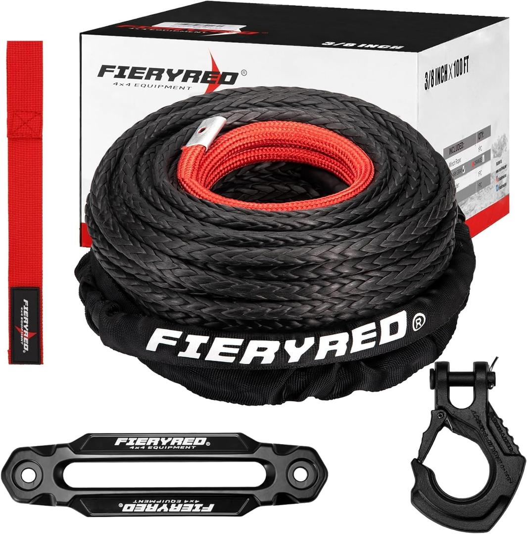 FIERYRED Synthetic Winch Rope 3/8 Inch100FT 23809Ibs Winch Line Cable Rope with Winch Hook Fairleads for 4WD Off Road Vehicle ATV UTV SUV (Black)
