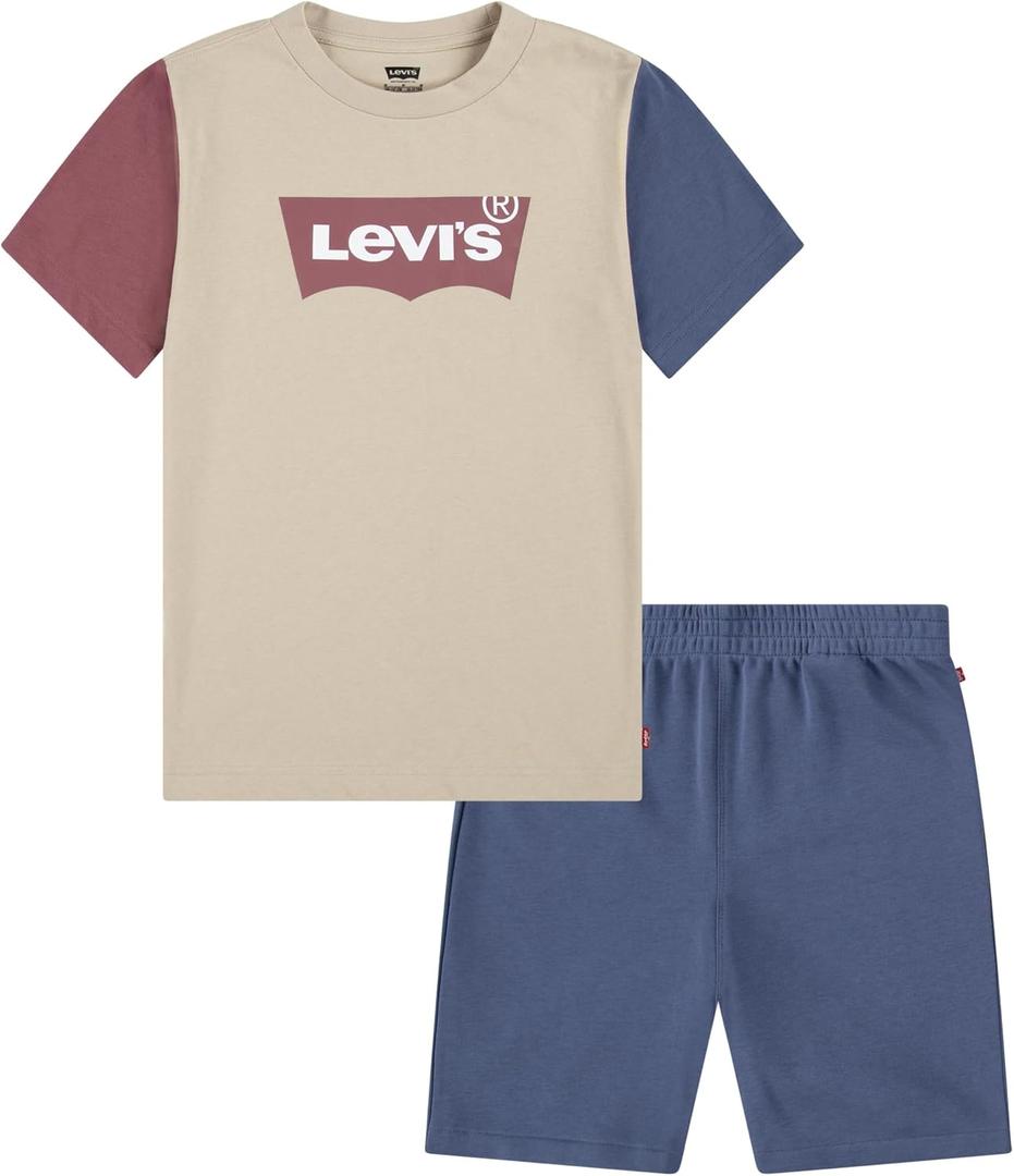 Levi's Boys' and Baby Graphic T-Shirt and Shorts 2-Piece Outfit Set (Beige, 7)