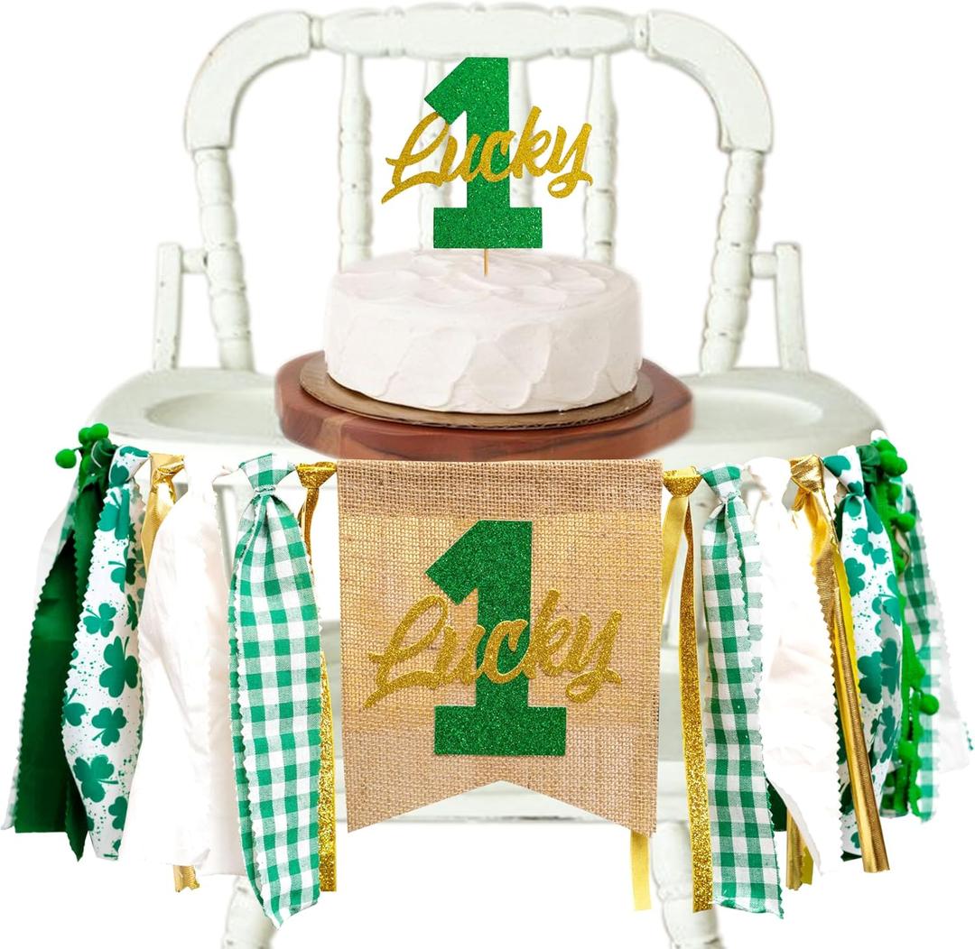 St. Patricks Day First Birthday Highchair Banner Cake Topper Set - Green Gold Irish The Lucky One Photo Prop Backdrop,Lucky One 1st Birthday Decorations (Lucky 1 Set)