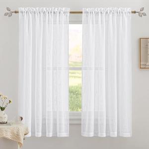 RYB HOME Semi Sheer Curtains - Privacy Linen Curtains Light Filtering Soft Drapes for Bedroom Living Room Bathroom Window Decor, White, 34 inch Wide x 63 inch Long, 1 Pair (34"W x 63"L (Pack of 2))