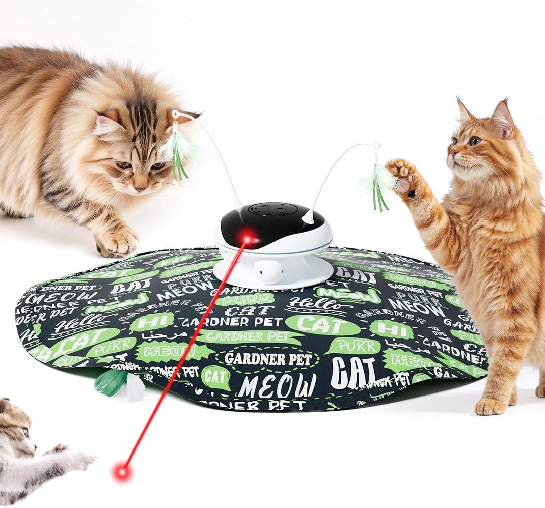 Gardner Pet Cat Laser Toys,USB Chargeable 5 in1 Hide and Seek Automatic Interactive Kitten Toy, Moving LED Red Dot&Ambush Feather Play, Track BallsExercise Toy for Indoor Cats 24 Inch Cover,Chirping (Green)