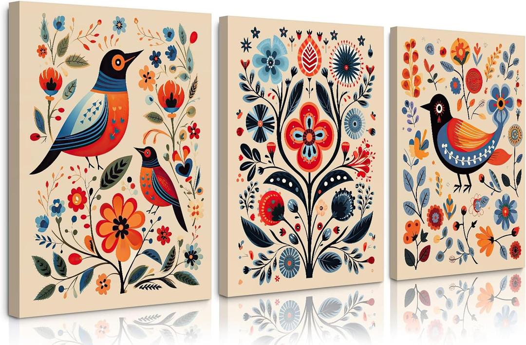 Scandinavian Folk Wall Art Nodic Flower Canvas Wall Decor Norwegian Wall Art Poster Swedish Antique Wall Decor Pictures Floral Bird Prints Vintage Poster for Home Kitchen 12x16x3 Inch Ready to Hang