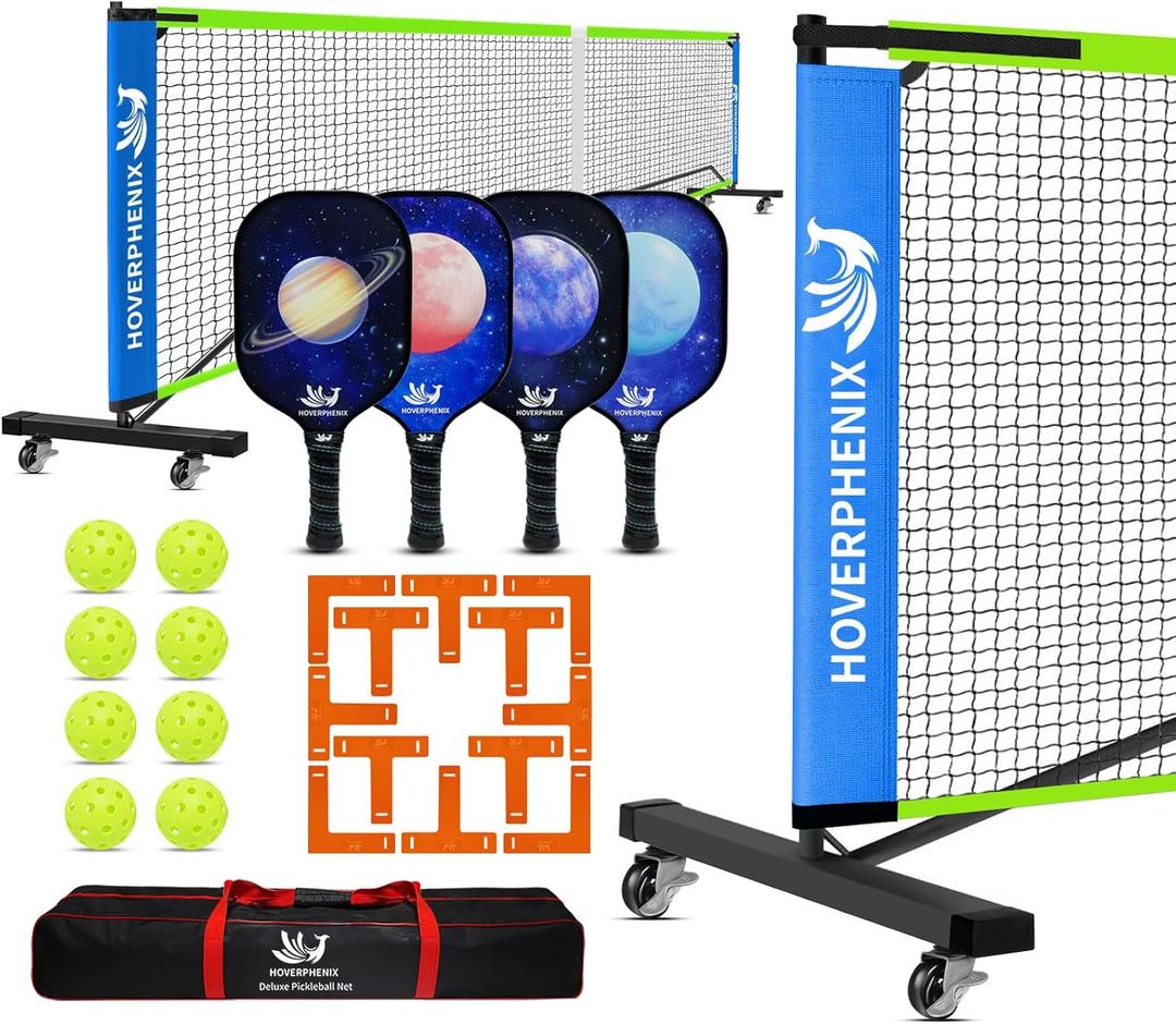 Hoverphenix Pickleball Net for Driveway, 22FT Regulation Size Pickleball Net with Paddles Set of 4, Pickleballs and Carry Bag for Outdoor Indoor Game