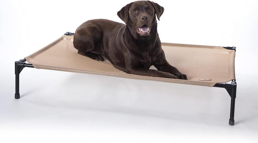 K&H Pet Products Outdoor Elevated Dog Cot, Cooling Raised Bed with Waterproof Breathable Mesh for Large Dogs, Portable Place Bed with Heavy-Duty Metal Frame, Big Hammock Style - Large Tan (Large 42"L x 30"W, Tan All Season Mesh)