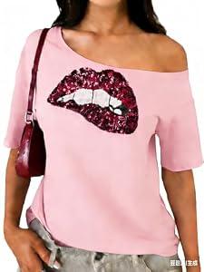 Women's Off Shoulder Tops Sequin Y2k Tops 2026 Spring Tshirts Skeleton Graphic Tees 80s 90s Outfits Going Out Clothes, Pink Small