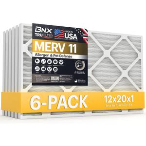 BNX TruFilter 12x20x1 Air Filter MERV 11 (6-Pack) - MADE IN USA - Allergen Defense Electrostatic Pleated Air Conditioner HVAC AC Furnace Filters for Allergies, Dust, Pet, Smoke, Allergy MPR 1200 FPR 7