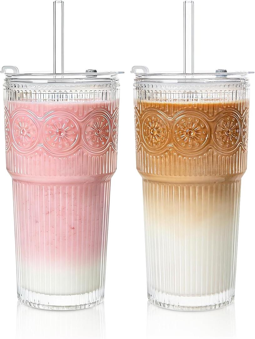 20oz Ribbed & Floral Glass Tumbler Set of 2  Reusable Glass Cups with Lid and Glass Straw, Iced Coffee Cups for Water, Smoothie, Milk, Cocktail & More  Perfect for Daily Use & Travel