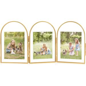 Gold Floating Frame, Arched 4x6 Triple Gold Folding Picture Frames, Vintage Brass Glass Picture Frames for Artwork Photo Tabletop Display