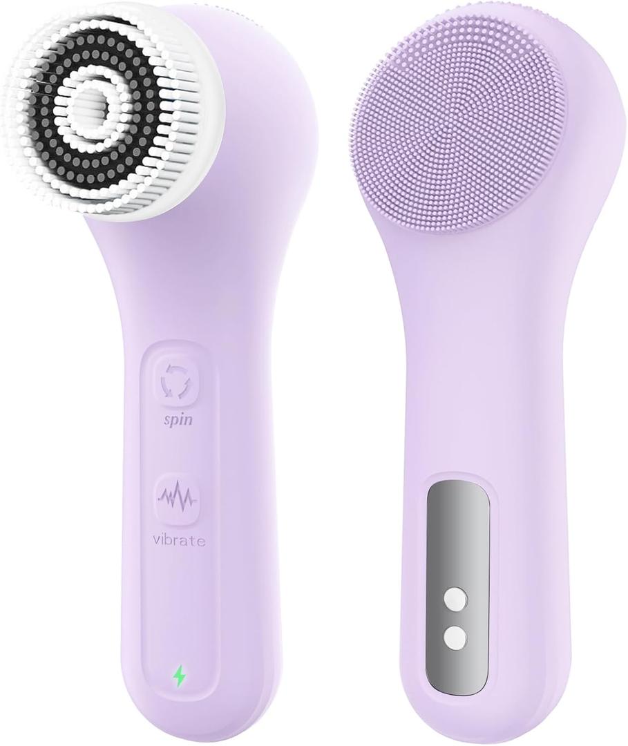 Vibrating and Rotating Face Scrubber, Waterproof Rechargeable Facial Cleansing Brush, 8 Modes for Exfoliating and Massaging, Face Wash Brush for Removing Blackhead(Taro Purple)