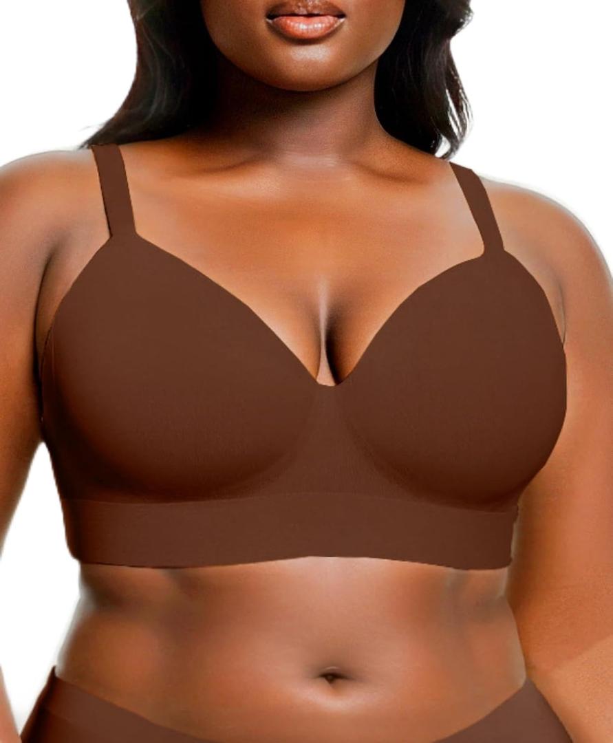 Popilush Bras for Women No Underwire Supportive Push Up Bralettes Wireless Full Coverage Plus Size T-Shirt Bra (X-Large, Dark Brown)