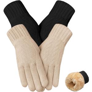2 Pairs Winter Gloves Women Warm Thick Fleece Lined Stretchy Touchscreen Wool Thermal Knit Gloves for Cold Weather (Black+beige)