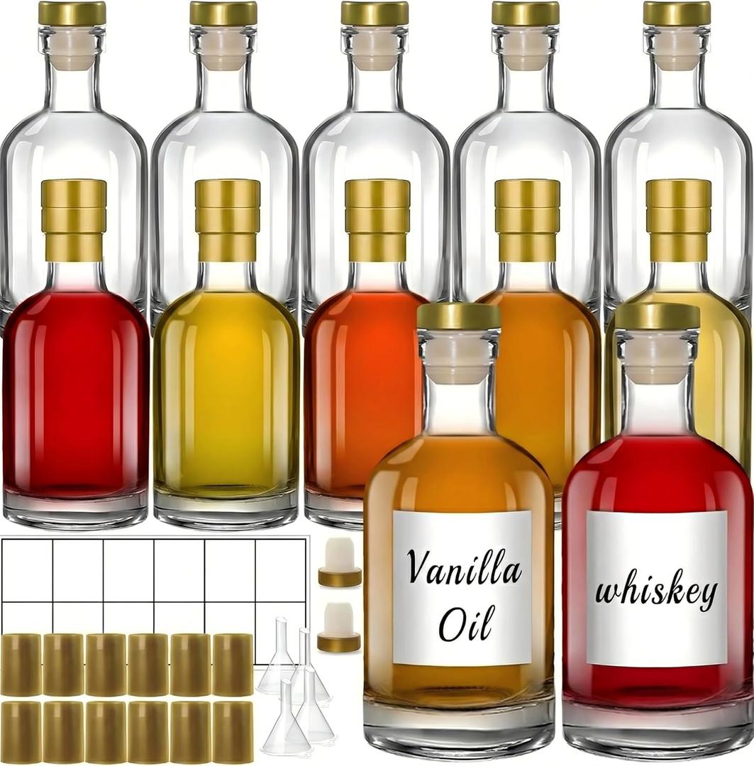 TBWIND 12 oz/375ml Clear Glass Bottles with Cork, 12 Pack Clear Liquor Bottles, Thick Heavy Base Airtight Wine Bottles for Beverages, Liquor, Whiskey, Oil, Vinegar, Wedding Favors & Crafts