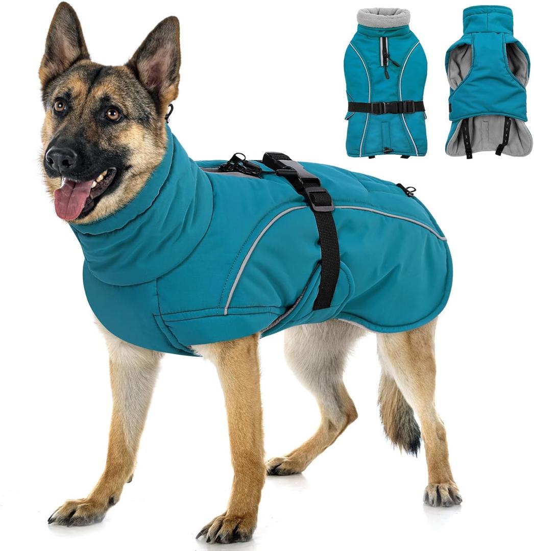 Queenmore Winter Dog Jacket, Waterproof Puffy Snowsuit, Adjustable Reflective Fleece Lining Warm Padding Parka for Cold Weather, Blue, Large