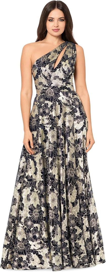 Betsy & Adam Women's Betsy & Adam Women's V-Neck Chiffon Embroidered Applique Bodice Short Sleeve Flowy Floor Length Dress, Navy Blue/Gold, Size 4 