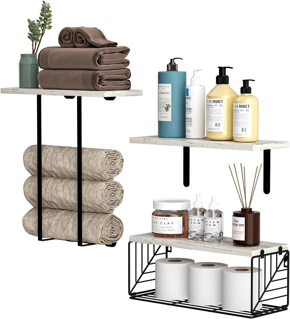 Floating Shelves Over Toilet Wall Mounted Set of 3, Bathroom Shelves with Towel Rack and Toilet Paper Storage,Wood Farmhouse Wall Shelves, White Floating Shelves Over Toilet Wall Mounted Set of 3, Bathroom Shelves with Towel Rack and Toilet Paper Storage,Wood Farmhouse Wall Shelves, White