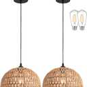 2 Pack Hemp Rope Woven Pendant Light Woven Light Fixture Boho Chandelier Light Fixture Wicker Pendant Lights Rattan Dome Wicker Chandelier for Dining Room Kitchen Island (Bulb Incl., 12.2 inches
