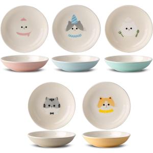 Ceramic Cat Bowls Set - 5.7 inch Wide Cat Food Bowls Whisker Fatigue Friendly, 5 Colorful Kitten Dish Plates with Cute Pattern for Wet and Dry Food Water