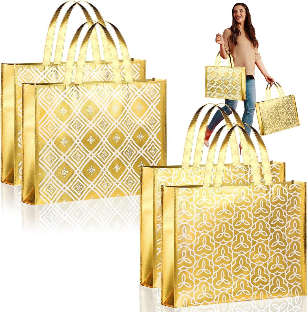 PerKoop 4 Pcs Extra Large Gold Gift Bag 20 x 16 Inch Jumbo Golden Pattern Gift Bag Non Woven Fabric Reusable Gift Bag Oversized Tote Gift Bags for Xmas Weddings, Bridal Showers, Birthdays (Simple)