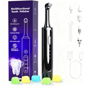 Electric Tooth Polisher, Plaque Remover for Teeth Whitening, Teeth Polishing Kits 4 Speed ModesRechargeable Dental Polisher for Cleaning, Waterproof Tooth Polish Tools with 5 Brush Heads& LED Light
