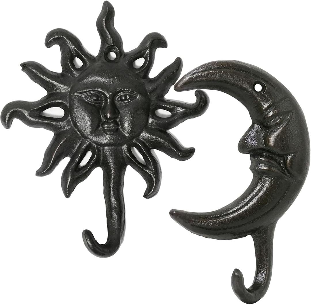 Cast Iron Hook, 2Pcs Heavy Duty Vintage Cast Iron Hooks with Screws Hanging, Antique Decorative Wall Hooks Hanger for Coat, Scarf, Bag, Towel, Key, Cap (Sun and Moon)