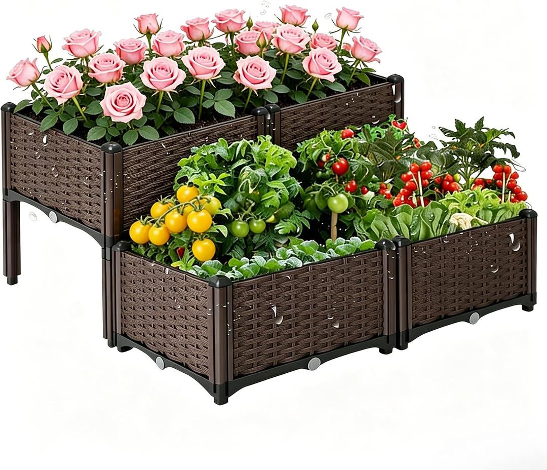 Outdoor Planter Raised Bed, Garden Terrace Balcony Planting Rack, Drainage Holes, Detachable, Modular Assembly, 300-lb Capacity, Durable, Ideal for Vegetables, Flowers, and Herbs(Shallow-4)