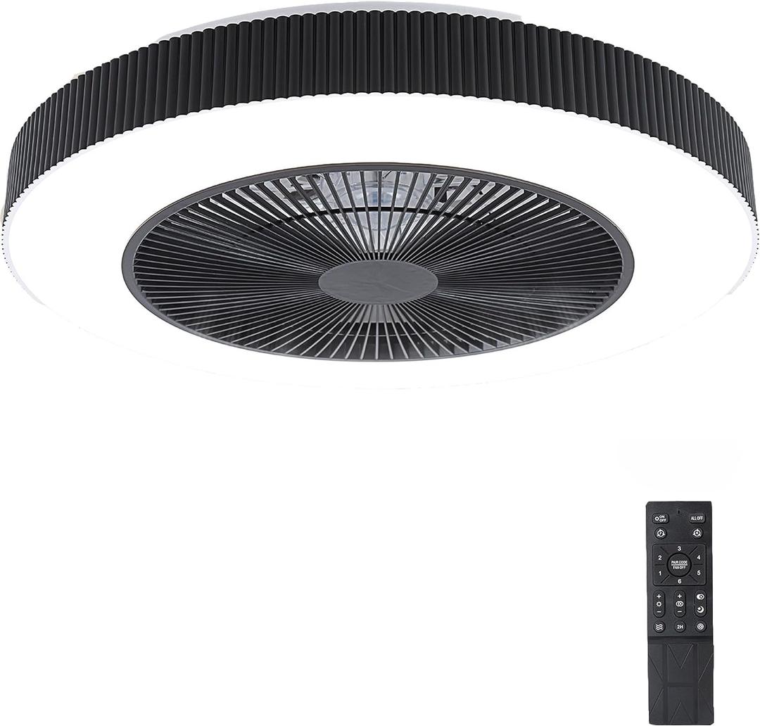 20" Bladeless Ceiling Fans with Light Remote Control,LED Smart Flush Mount Ceiling Fan With light for Bedroom, Kids Room, Reversible Motor, 6 Wind Speed, 3000LM, 57W-White/Black (Black)
