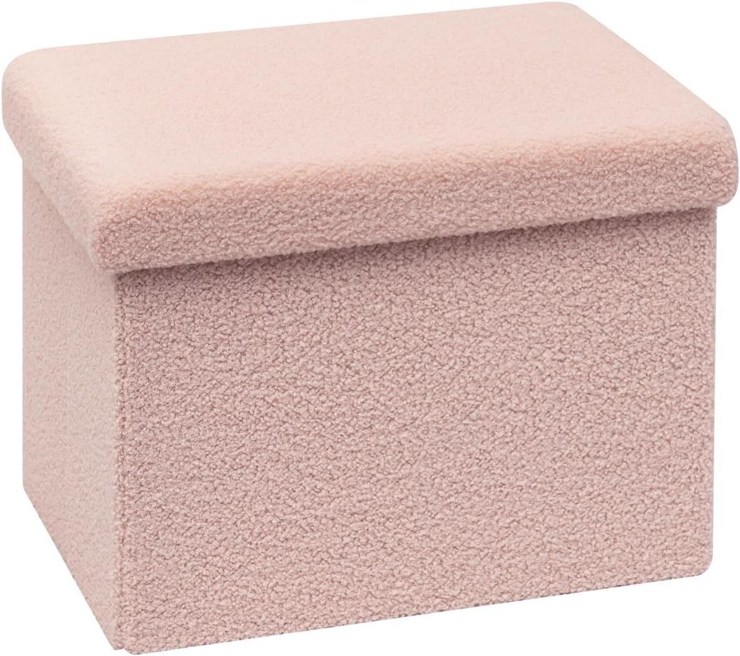 B FSOBEIIALEO Storage Ottoman Cube Small Sherpa Ottoman Foot Rest, Foldable Portable Boucle Ottomans, Faux Teddy Fur, Pink 16.5"x12.6"x12.6"