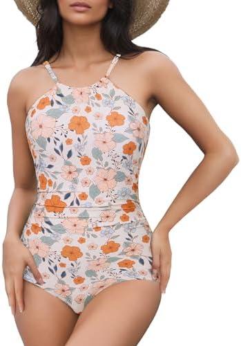 Zando High Neck One Piece Swimsuit Women Tummy Control Swim Suits for Women Sexy High Cut Bathing Suit Slimming Swimwear Size L