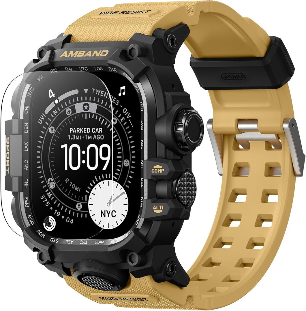 amBand Rugged Case with Band for Apple Watch Ultra 3/2/1 49mm, M3 Military Grade Shockproof Cover, Includes Screen Protector Kit, Tactical Band for Men - Compatible with iWatch Ultra, Sand Beige