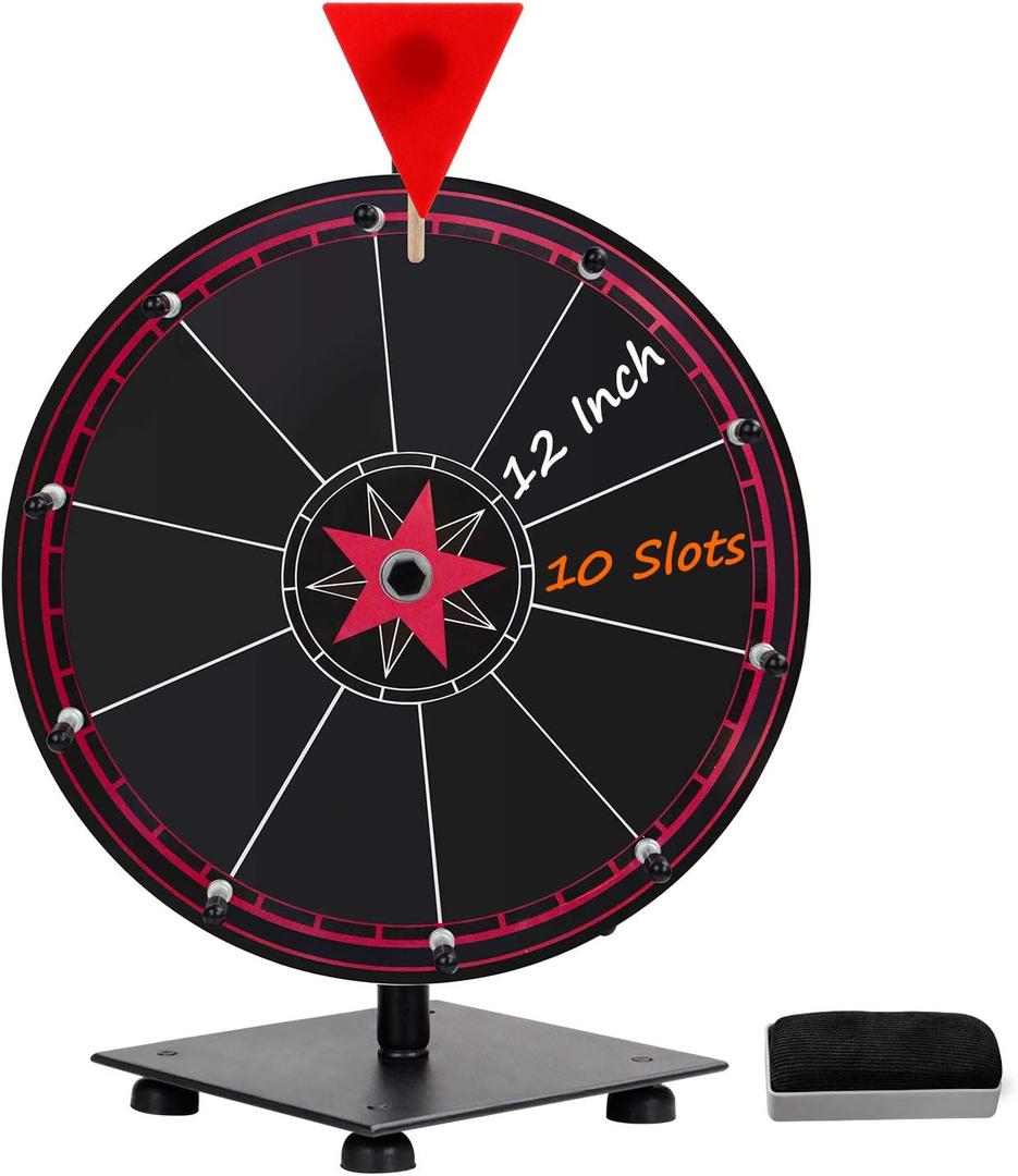 T-SIGN Spinning Wheel for Prizes, 10 Slots Black Prize Wheel with Eraser, 12 Inch Spin Wheel with Stand, Roulette Wheel for Tabletop - Wheel of Fortune Wheel Spinner for Carnival, Game Casino