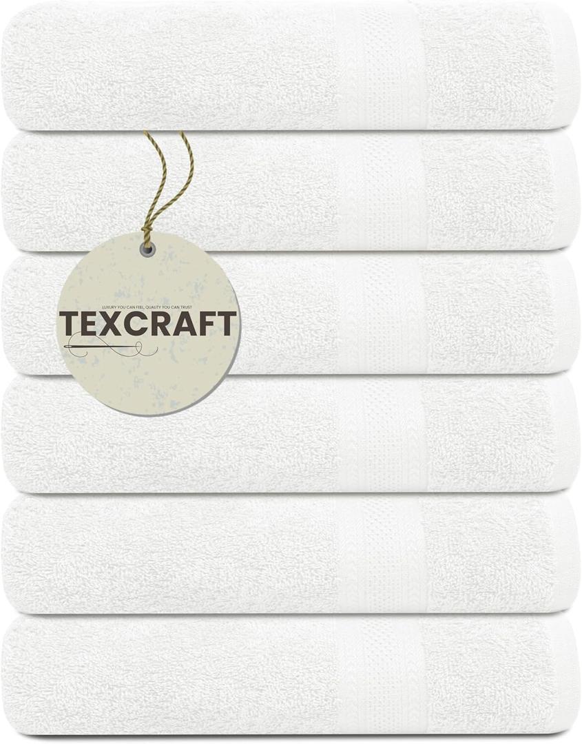 Large Bath Towels Set of 6  100% Cotton Terry  24" x 50"  Quick Dry, Soft & Highly Absorbent  White Towels for Bathroom, Gym, Spa, Pool & Daily Use