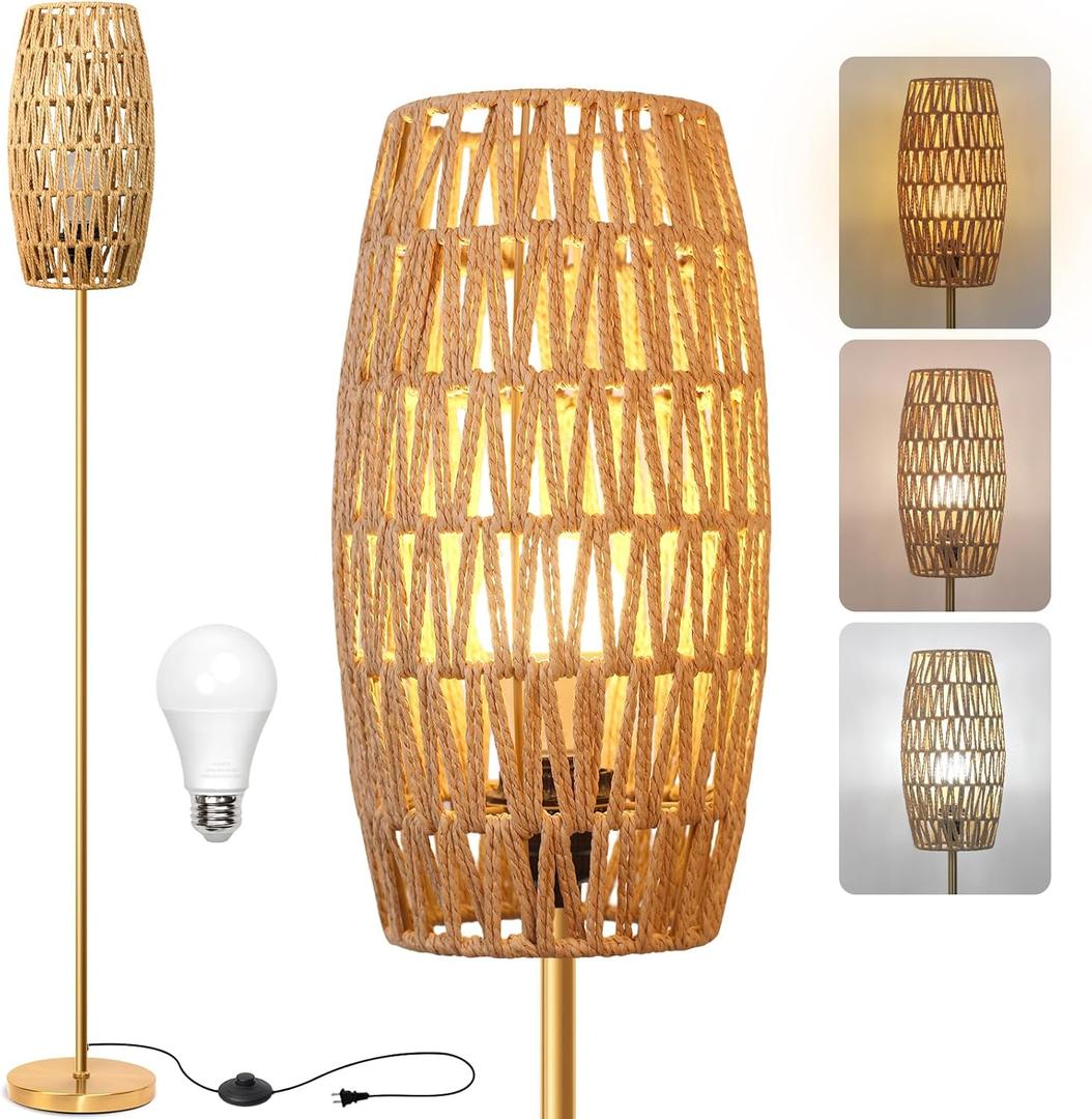 Ruiever Floor Lamp for Living Room,Farmhouse Floor lamp,Modern Standing lamp with Hand-Worked Rattan Shade (Drum Rattan Shade Body Gold Color-3 Color Bulb)