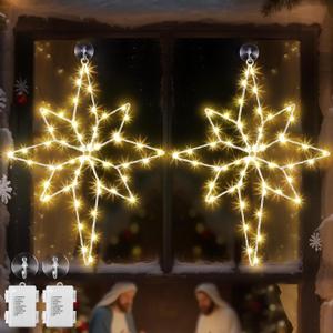 2 Pack 16 Large Christmas Window Light Decorations, LED Bethlehem Christmas Star Window Silhouette Lights with Timer, 8 Models, Iron Frame, Battery Operated Lighted Xmas Star Decors (Warm White)