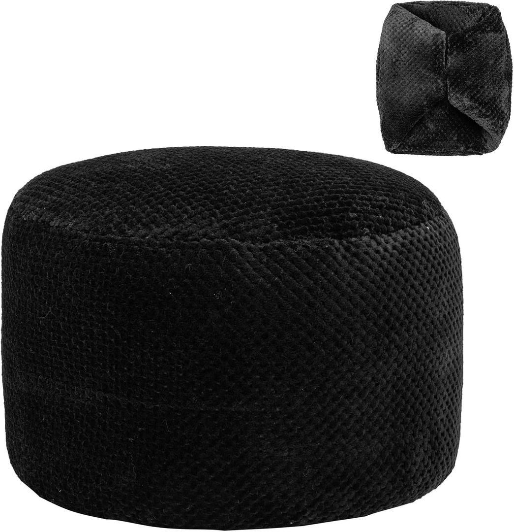 Asuprui Unstuffed Pouf Ottoman Round Poof Ottoman No Filler Soft Faux Fur Foot Stool 20x20x12 Inches Fuzzy Chair Floor Pouf Foot Rest with Storage for Living Room Bedroom Black
