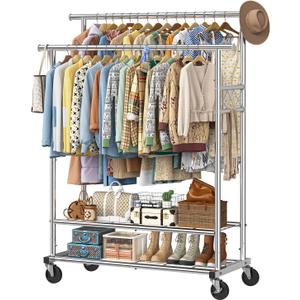 Ekisemio Heavy Duty Clothes Rack, Rolling Clothing Rack for Hanging Clothes Load 650 LBS with 2 Sturdy Shelves, Metal Garment Rack with Wheels for Bedroom, Laundry Room, Retail Store, Silver