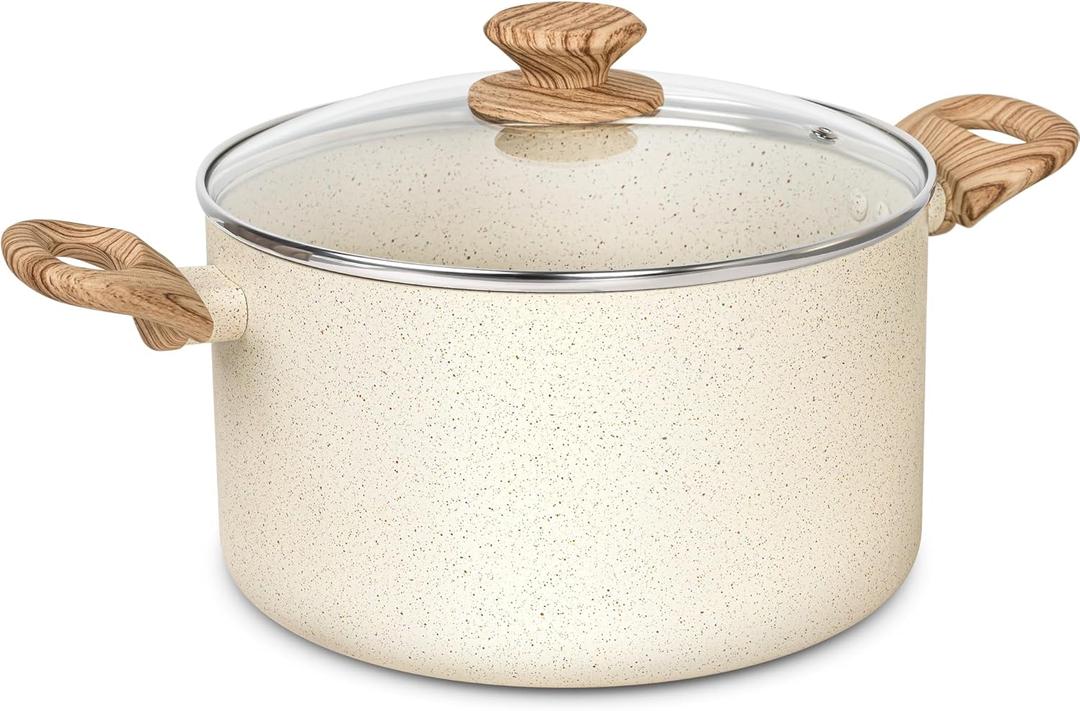 MICHELANGELO Stock Pot - 6 Qt Soup Pot with Lid, Non Stick Pots with Granite Coating, Non Toxic Cooking Pots for All Stovetops, with Stay Cool Handles (White)