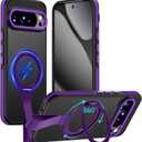 TIANNIUKE for Google Pixel 10 Pro XL Case 360Rotatable Magnetic Ring Holder Stand with Silicone Strap, Fit for MagSafe Mil-Grade Shockproof Translucent Matte Phone Case, Purple