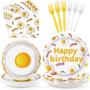 96Pcs Breakfast Birthday Decorations Bacon Fried Egg Plates and Napkins Xmas Brunch Theme Birthday Decoration Favors for Kids Adults Bday Baby Shower BBQ Picnic Holiday Party Supplies Serves 24